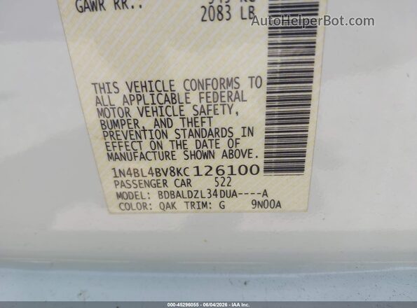 1N4BL4BV8KC126100 2019 NISSAN ALTIMA White Engine compartment view