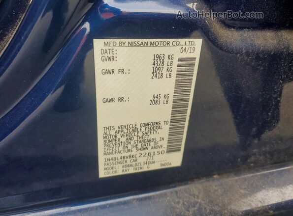 1N4BL4BV8KC226150 2019 NISSAN ALTIMA Blue Շարժիչի բաժամունքի տեսք