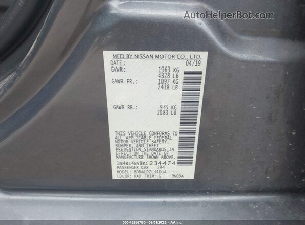 1N4BL4BV8KC234474 2019 NISSAN ALTIMA Серый Вид подкапотного пространства