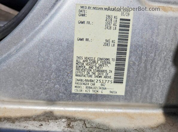 1N4BL4BV8KC251775 2019 NISSAN ALTIMA Silver Vista del compartimento del motor