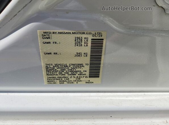 1N4BL4BV8KC254076 2019 NISSAN ALTIMA White Engine compartment view