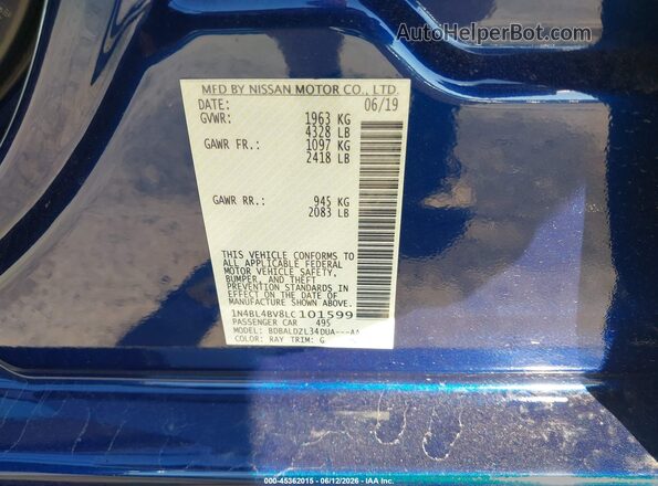 1N4BL4BV8LC101599 2020 NISSAN ALTIMA Blue Widok komory silnika