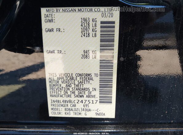 1N4BL4BV8LC247517 2020 NISSAN ALTIMA Black Շարժիչի բաժամունքի տեսք