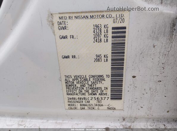 1N4BL4BV8LC256377 2020 NISSAN ALTIMA White Вид підкапотного простору