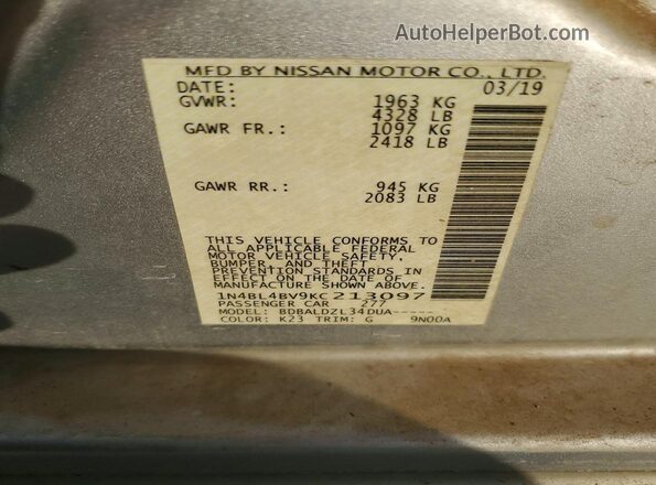1N4BL4BV9KC213097 2019 NISSAN ALTIMA Серебряный Вид подкапотного пространства