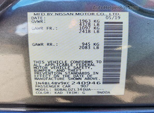 1N4BL4BV9KC240946 2019 NISSAN ALTIMA Gray Widok komory silnika