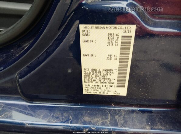 1N4BL4BV9LC137902 2020 NISSAN ALTIMA Blue Engine compartment view