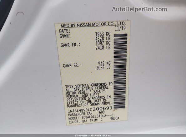 1N4BL4BV9LC200691 2020 NISSAN ALTIMA Белый Вид подкапотного пространства