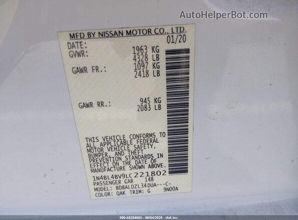 1N4BL4BV9LC221802 2020 NISSAN ALTIMA Белый Вид подкапотного пространства