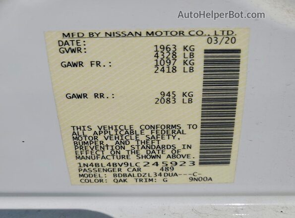 1N4BL4BV9LC245923 2020 NISSAN ALTIMA White Вид підкапотного простору