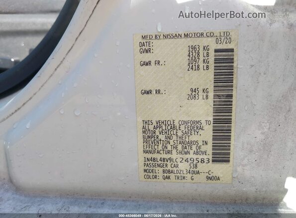 1N4BL4BV9LC249583 2020 NISSAN ALTIMA White Widok komory silnika