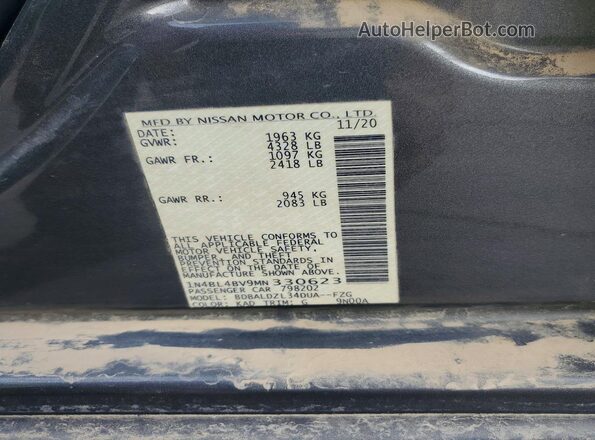 1N4BL4BV9MN330623 2021 NISSAN ALTIMA Gray VIN კოდის სტიკერის ხედი