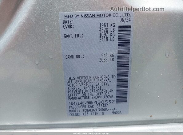 1N4BL4BV9RN430552 2024 NISSAN ALTIMA Silver Вид підкапотного простору