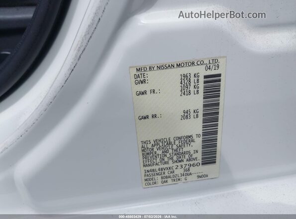 1N4BL4BVXKC237960 2019 NISSAN ALTIMA White Engine compartment view