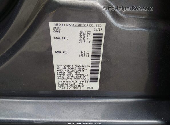 1N4BL4BVXKC246965 2019 NISSAN ALTIMA Gray Engine compartment view