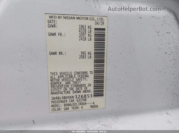 1N4BL4BVXKN326853 2019 NISSAN ALTIMA White Widok komory silnika