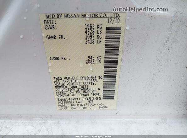 1N4BL4BVXLC205365 2020 NISSAN ALTIMA White Widok komory silnika