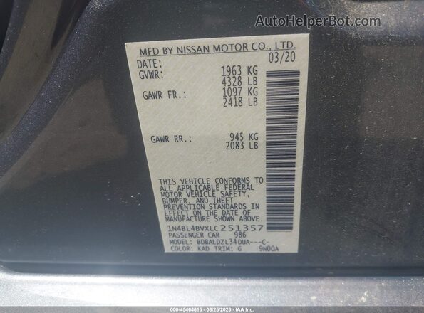 1N4BL4BVXLC251357 2020 NISSAN ALTIMA Gray Вид підкапотного простору