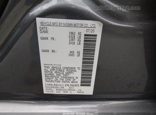 1N4BL4BVXLC263685 2020 NISSAN ALTIMA Gray Widok komory silnika