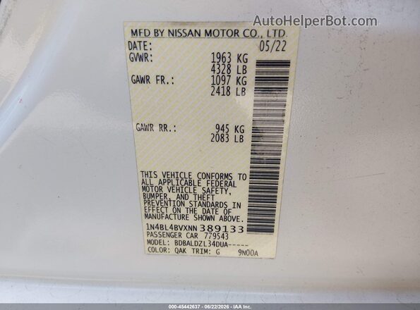 1N4BL4BVXNN389133 2022 NISSAN ALTIMA White Շարժիչի բաժամունքի տեսք