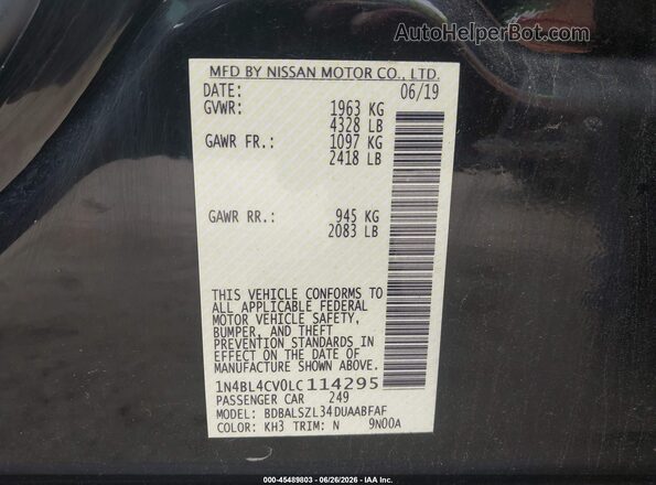 1N4BL4CV0LC114295 2020 NISSAN ALTIMA Black Вид підкапотного простору