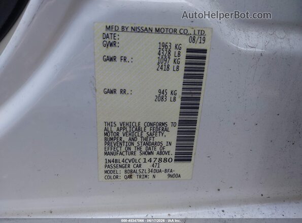 1N4BL4CV0LC147880 2020 NISSAN ALTIMA White ძრავის განყოფილების ხედი