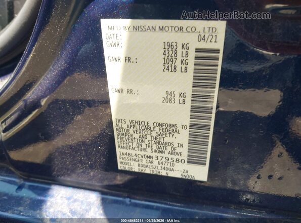 1N4BL4CV0MN379580 2021 NISSAN ALTIMA Синий Вид подкапотного пространства