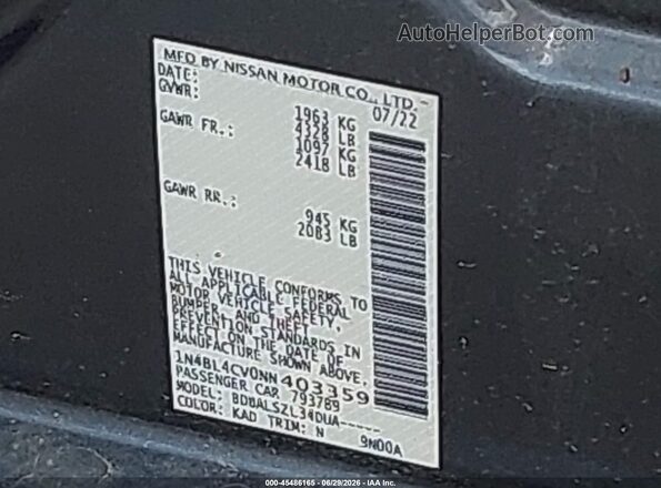 1N4BL4CV0NN403359 2022 NISSAN ALTIMA Gray Widok komory silnika