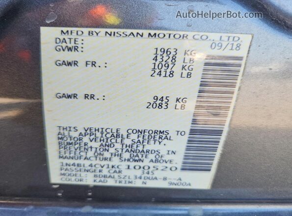 1N4BL4CV1KC100520 2019 NISSAN ALTIMA Серый Вид подкапотного пространства