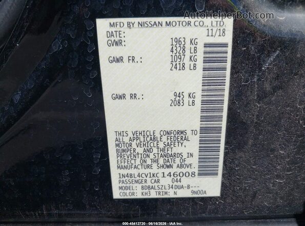 1N4BL4CV1KC146008 2019 NISSAN ALTIMA Черный 