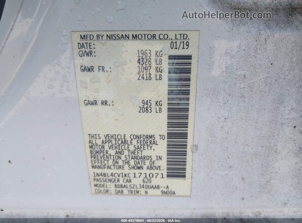 1N4BL4CV1KC171071 2019 NISSAN ALTIMA Белый Вид подкапотного пространства