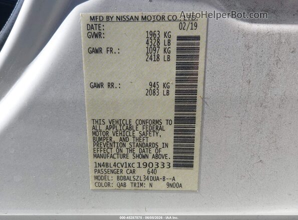 1N4BL4CV1KC190333 2019 NISSAN ALTIMA White Widok komory silnika