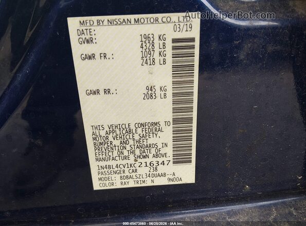 1N4BL4CV1KC216347 2019 NISSAN ALTIMA Blue Widok komory silnika