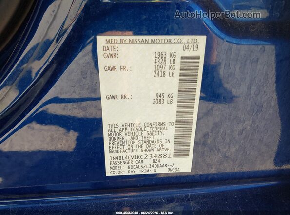 1N4BL4CV1KC234881 2019 NISSAN ALTIMA Синий Вид подкапотного пространства