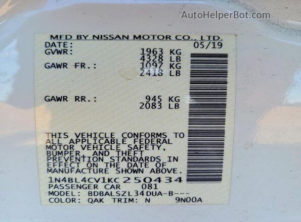 1N4BL4CV1KC250434 2019 NISSAN ALTIMA Белый Вид подкапотного пространства