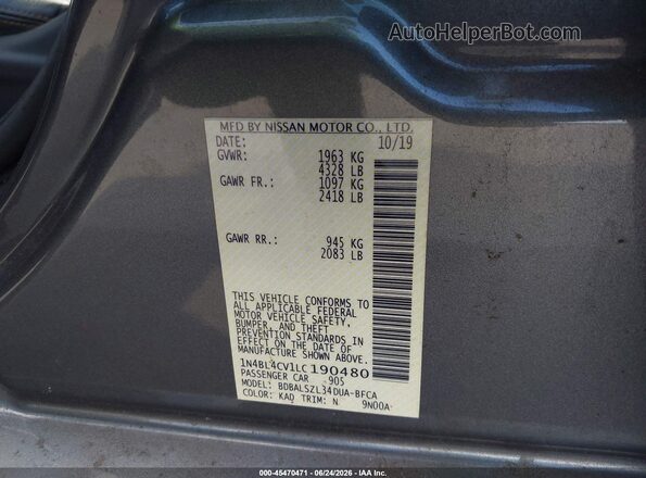 1N4BL4CV1LC190480 2020 NISSAN ALTIMA Gray ძრავის განყოფილების ხედი