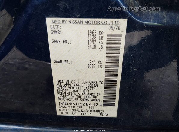 1N4BL4CV1LC284424 2020 NISSAN ALTIMA Blue Вид підкапотного простору