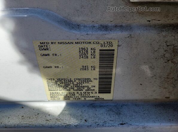 1N4BL4CV1LN319953 2020 NISSAN ALTIMA White ძრავის განყოფილების ხედი