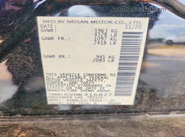 1N4BL4CV1MN316827 2021 NISSAN ALTIMA Черный Вид наклейки с VIN-кодом