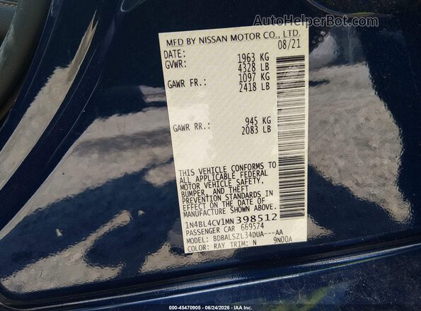 1N4BL4CV1MN398512 2021 NISSAN ALTIMA Dark Blue ძრავის განყოფილების ხედი
