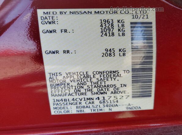 1N4BL4CV1MN417527 2021 NISSAN ALTIMA Красный 