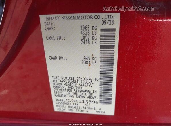 1N4BL4CV2KC115396 2019 NISSAN ALTIMA Red Вид підкапотного простору