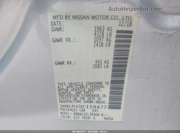 1N4BL4CV2KC159477 2019 NISSAN ALTIMA Silver Вид підкапотного простору