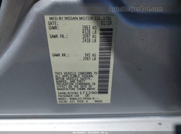 1N4BL4CV2KC171290 2019 NISSAN ALTIMA Серебряный Вид подкапотного пространства