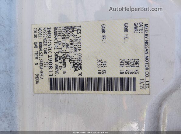 1N4BL4CV2LC190813 2020 NISSAN ALTIMA White Widok komory silnika