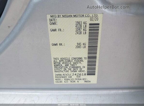 1N4BL4CV2LC242618 2020 NISSAN ALTIMA Silver Widok komory silnika