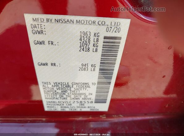1N4BL4CV2LC258558 2020 NISSAN ALTIMA Red Engine compartment view