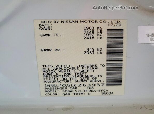 1N4BL4CV2LC263937 2020 NISSAN ALTIMA White ძრავის განყოფილების ხედი