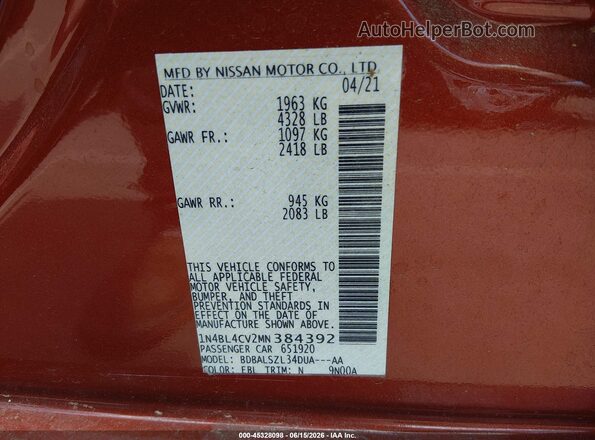 1N4BL4CV2MN384392 2021 NISSAN ALTIMA Orange ძრავის განყოფილების ხედი