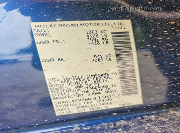 1N4BL4CV2NN319057 2022 NISSAN ALTIMA Blue 